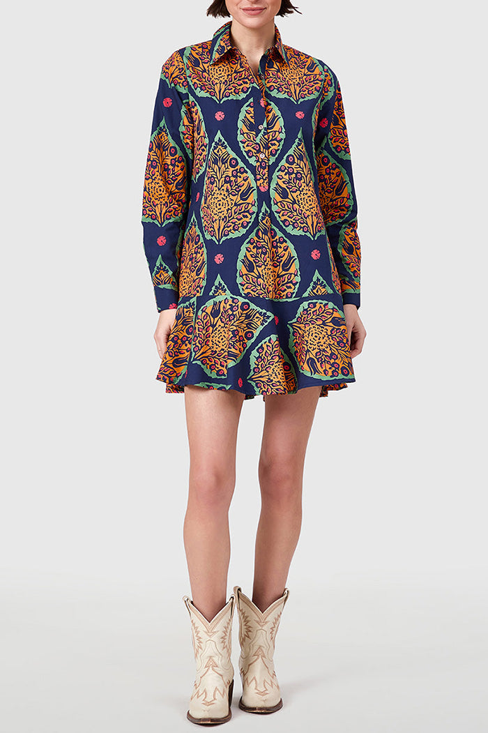 Paisley Print Shirt Collar Ruffle Hem Mini Dress