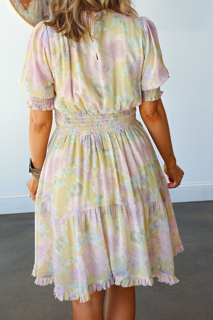 V-Neck Pleated Waist Floral Dress