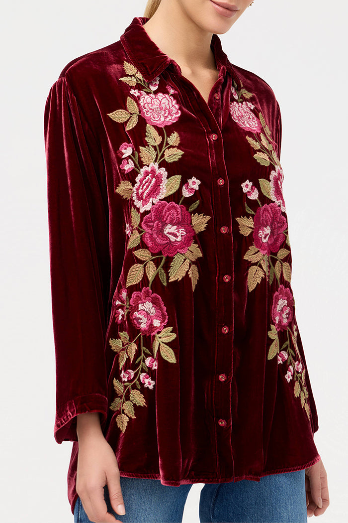 Velvet Rose Embroidery Button Top