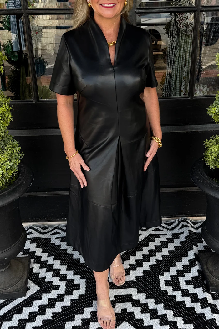 Black Faux Leather Inverted Pleat Pocket Dress