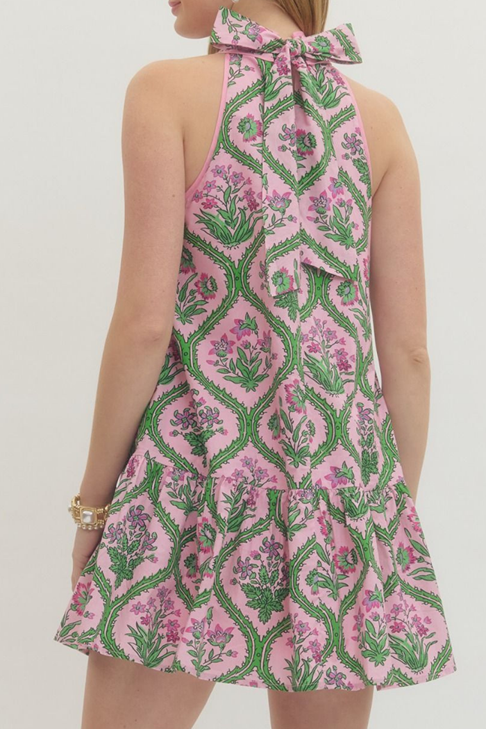 Floral Halter Tiered Pocket Dress