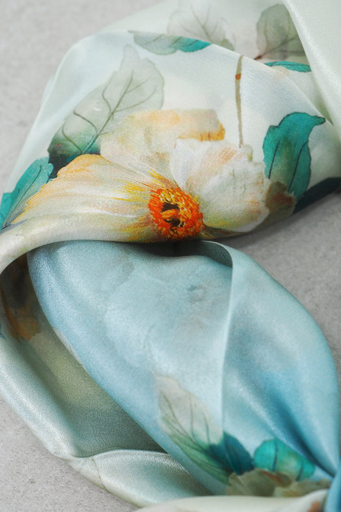 Turquoise Floral Square Scarf With Scarf Ring