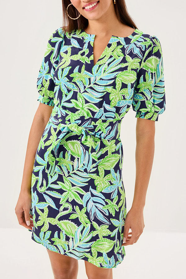 Leaf Patterned Belt Dress