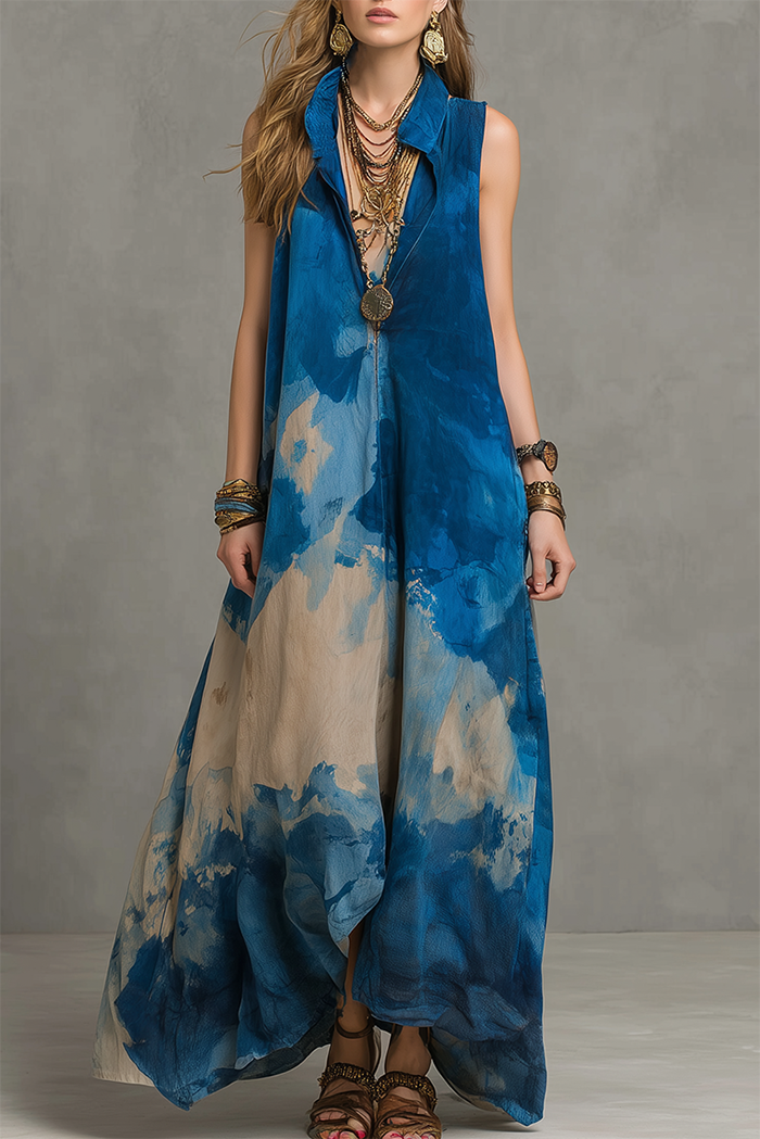 Blue Art Print Maxi Dress