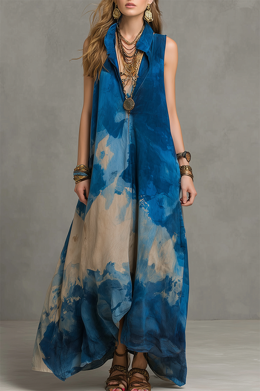 Blue Art Print Maxi Dress