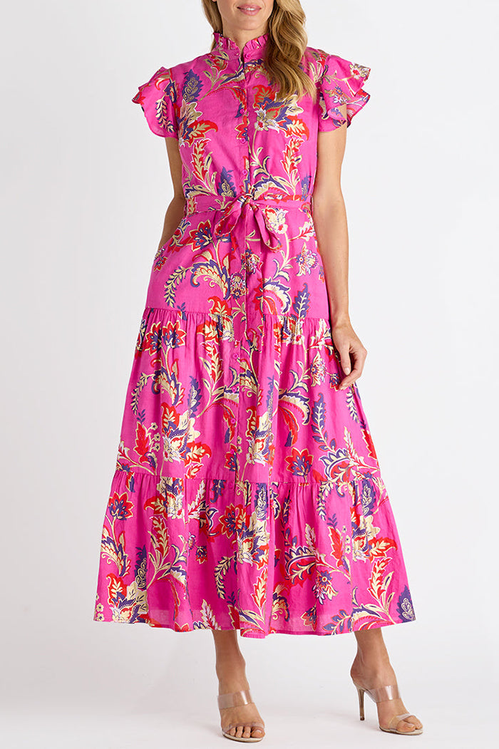 Feathered Floral Flutter Sleeve Tiered Maxi Dress