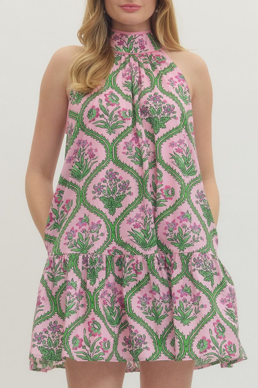 Floral Halter Tiered Pocket Dress