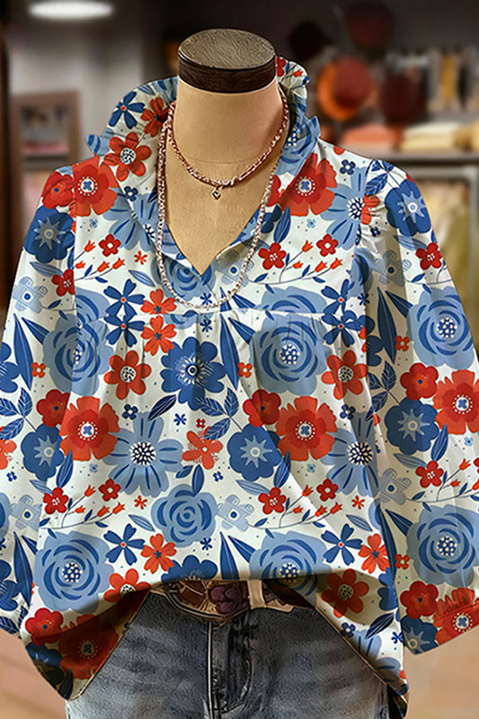 Blue Floral Print Ruffled V-Neck Puff-Sleeve Blouse