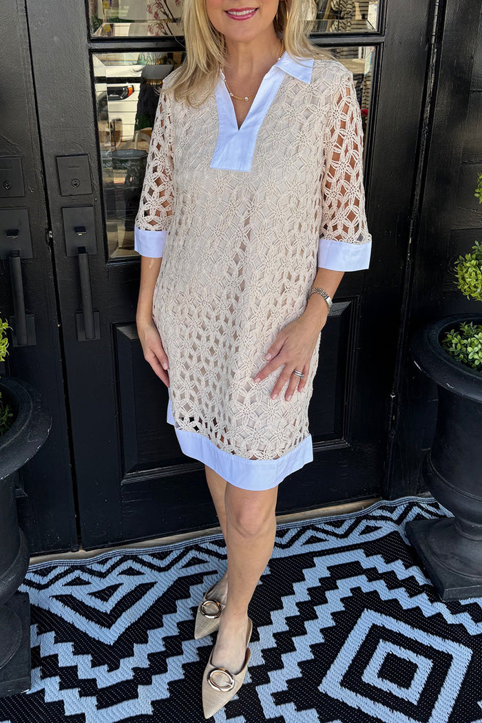 Beige Lace Contrast Trim Pocketed Shift Dress