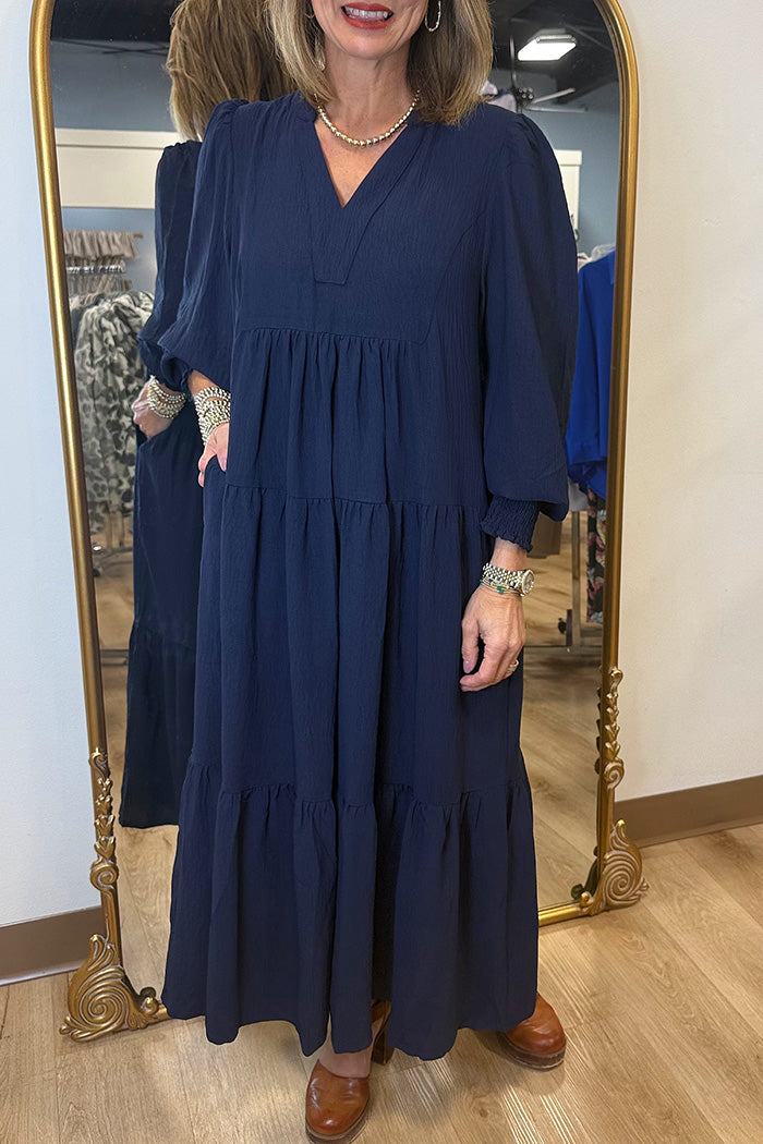 Pocketed Smocked Cuff Tiered Midi Dress