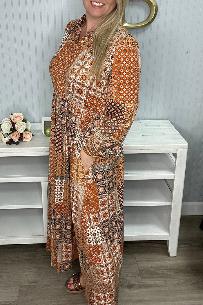 Rust Patchwork Pocket  Midi Dress