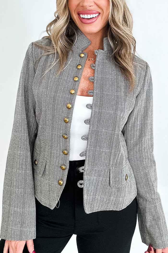 Button-Accented Pocketed Herringbone Blazer