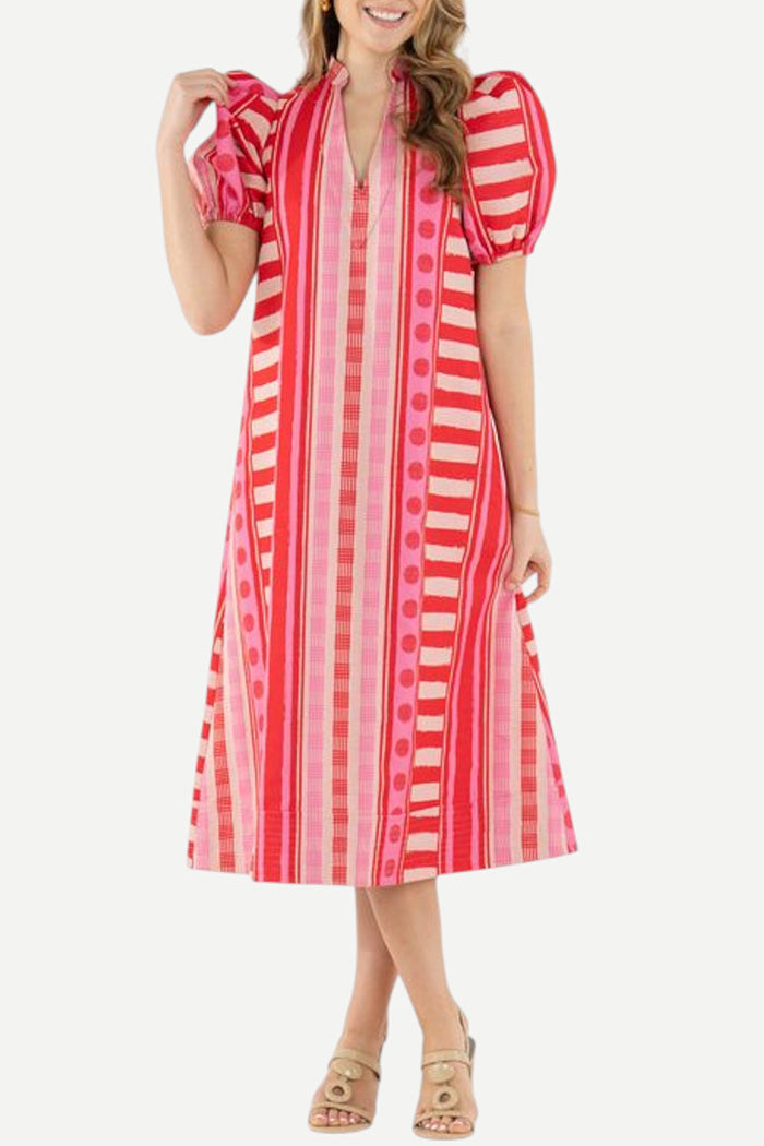 Pink Stripe Puff Sleeve Midi Dress