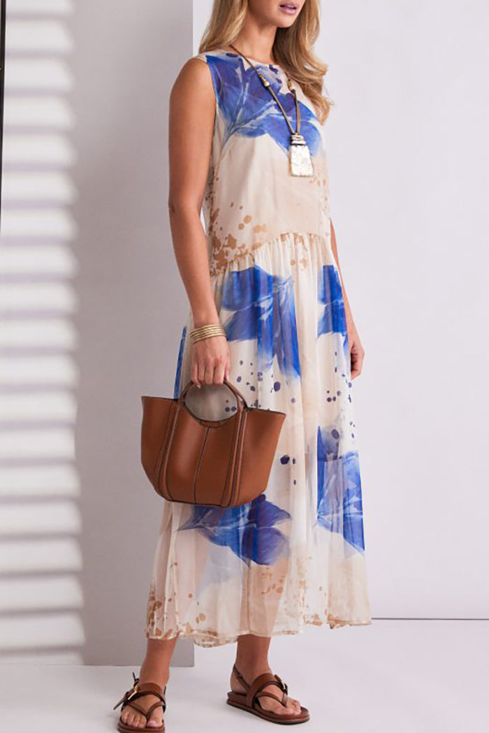 Mesh Sleeveless Leaf Print Waisted Dress