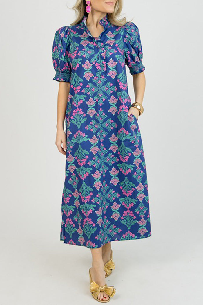 Navy Floral Ruffle Collar Pocket Maxi Dress