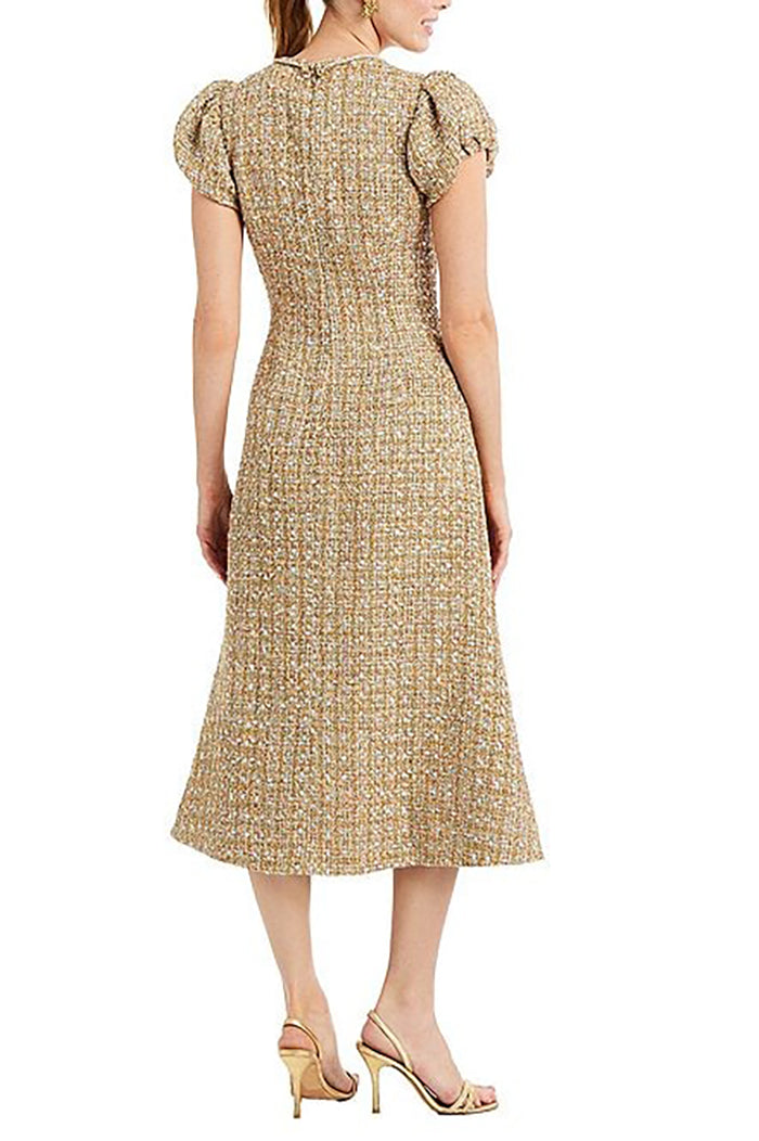 Tweed Rhinestone Bow Puff-Sleeve Midi Dress