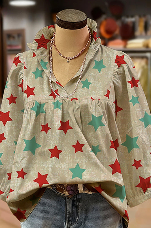 Star Print Ruffled V-Neck Puff-Sleeve Blouse