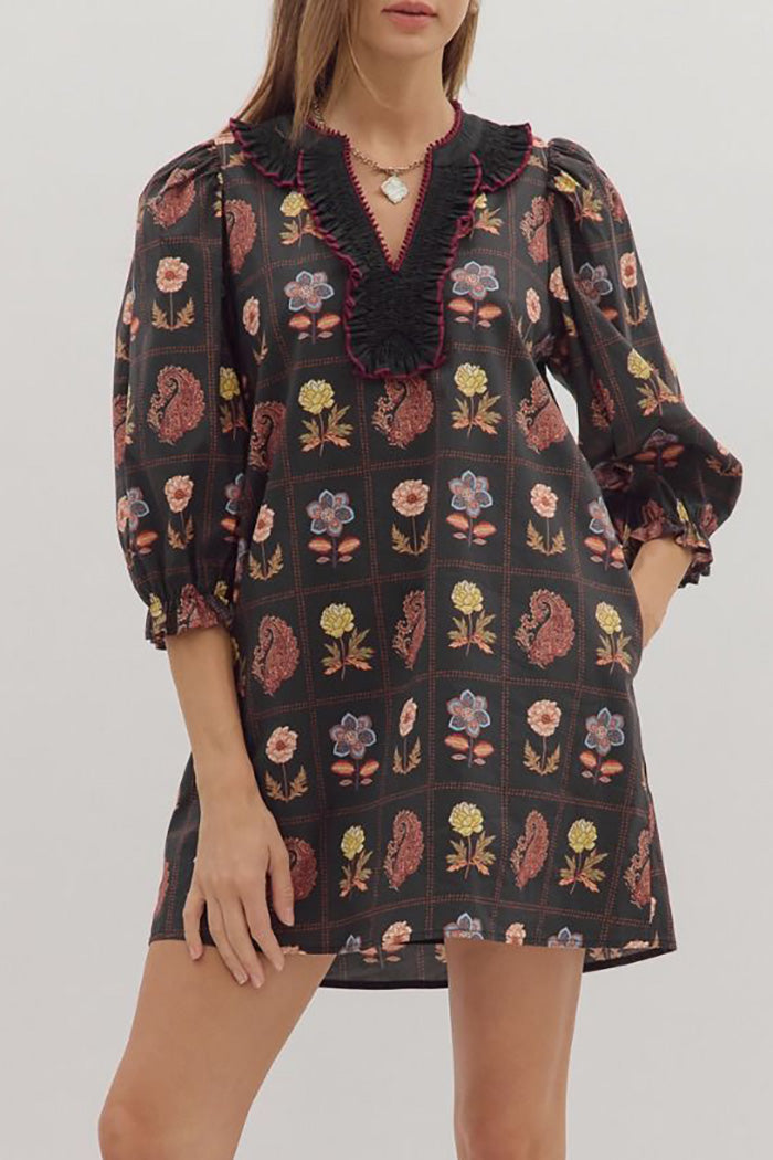 3/4 Puff Sleeve Smocked Pocketed Floral Mini Dress