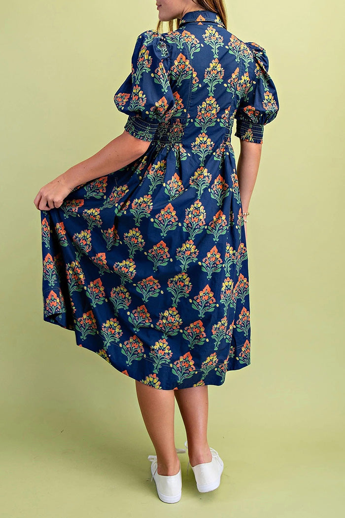 Puff Sleeve Floral Midi Dress