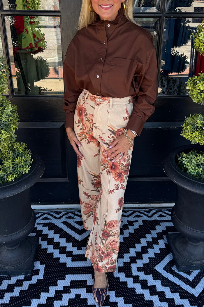 Ruffle Collar Button Front Long Sleeve Top