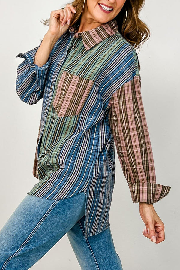 Patchwork Plaid Button-Up Top