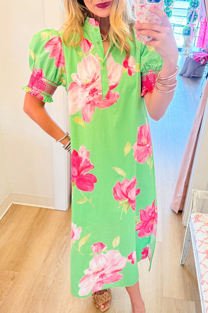 Floral Ruffle Neck Midi Dress