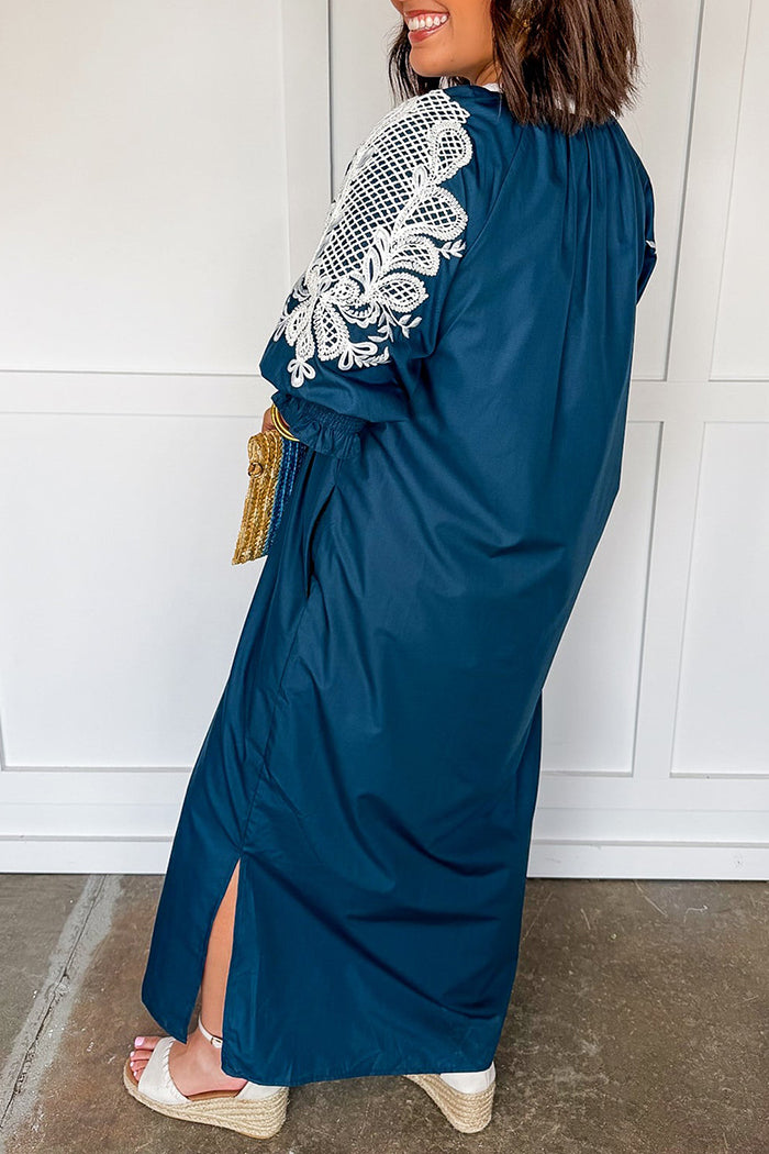 Navy Slit Puff Sleeve Pocket Dress