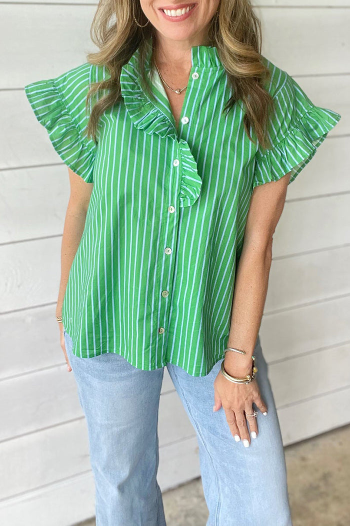 Green Stripe Ruffle Neck Flutter Sleeve Top