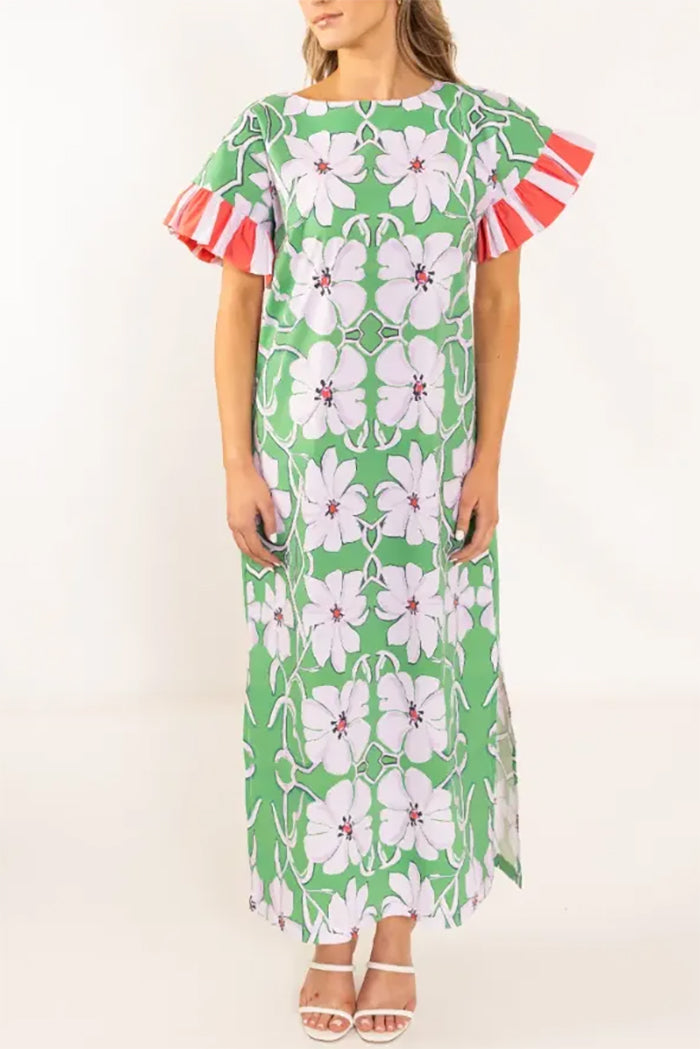 Ruffle Trim Sleeve Floral Maxi Dress