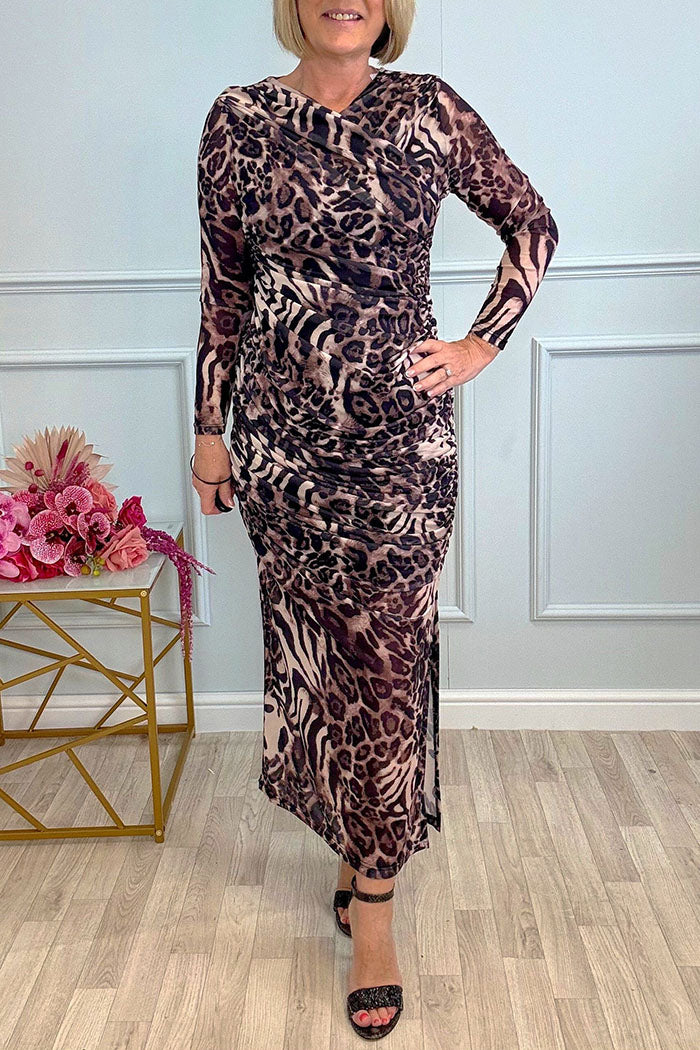 Leopard Side Slit Long Sleeve Dress