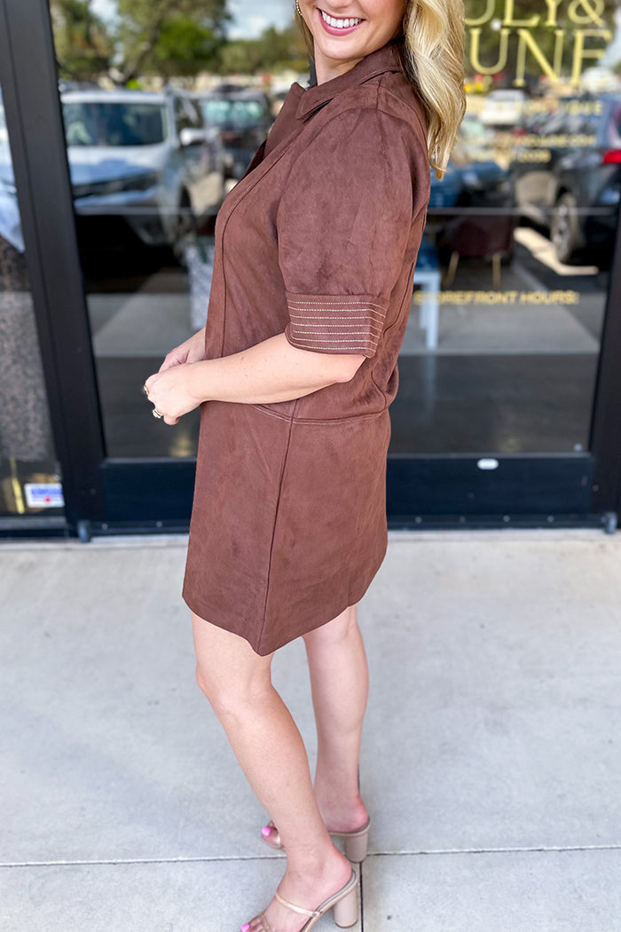Short Sleeve Collared Suede Dress