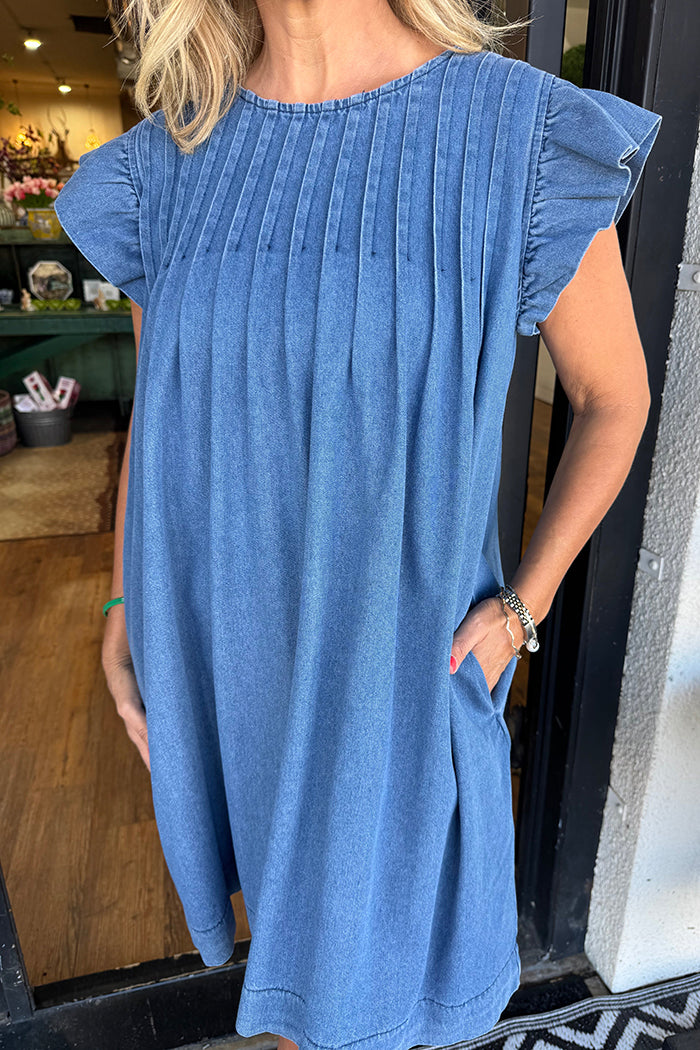 Denim Flutter Sleeve Pleated Pocket Dress