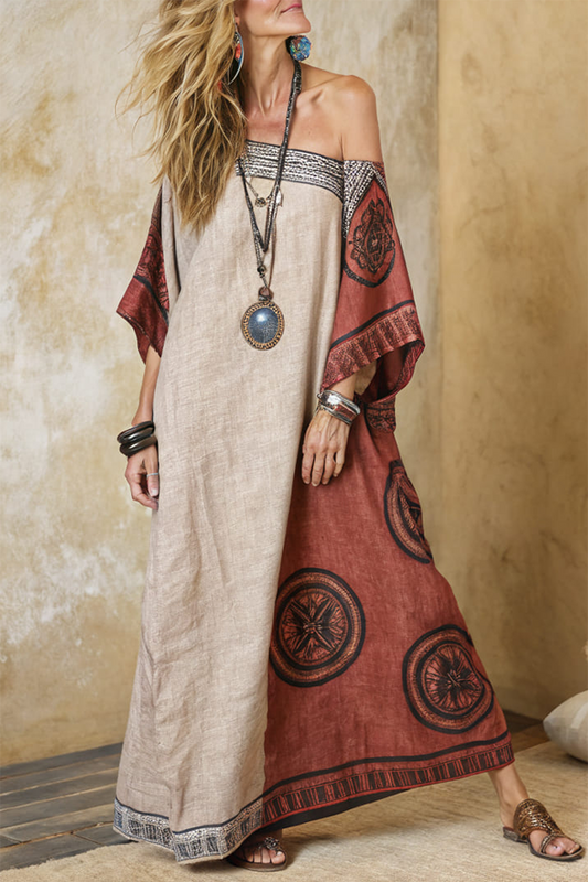One Shoulder Tribal Color Block Maxi Dress
