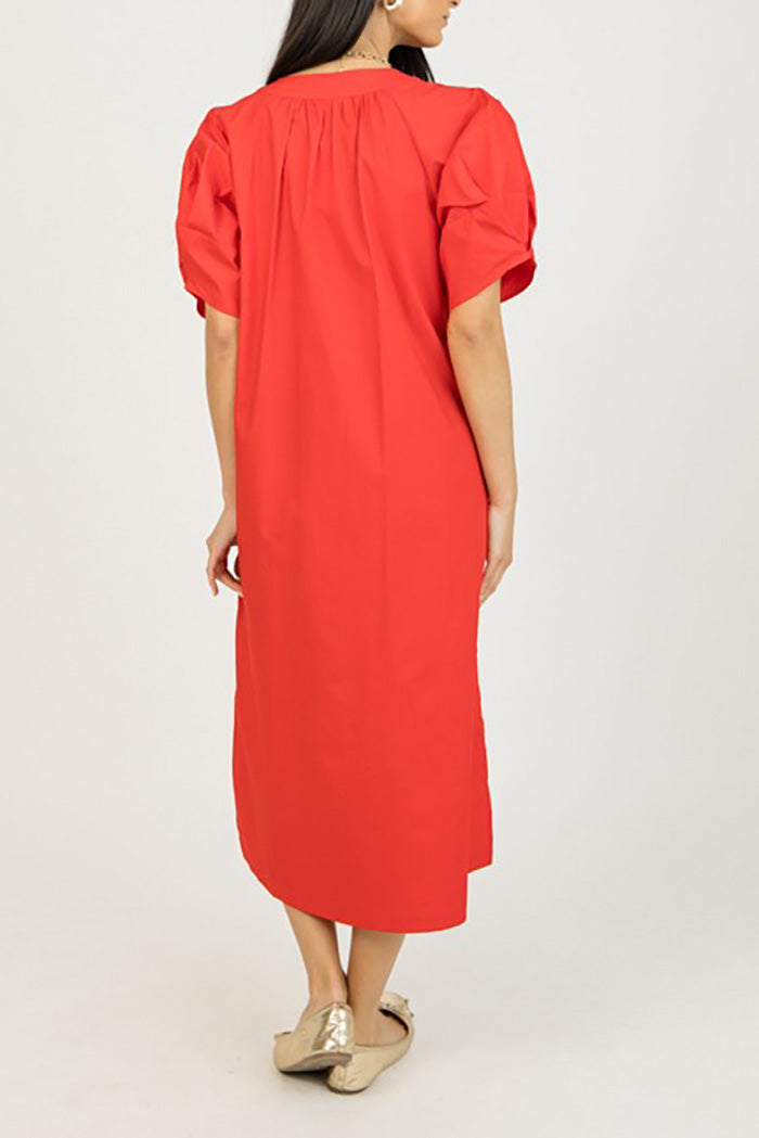 Pocketed Puff Sleeve Midi Dress