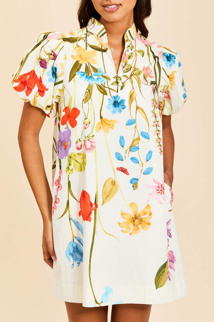 Puff Sleeve Floral Pocketed Mini Dress