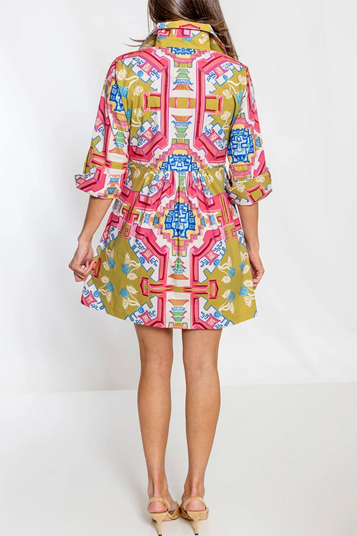 Multicolor Print Collared 3/4 Sleeve Pocket Dress