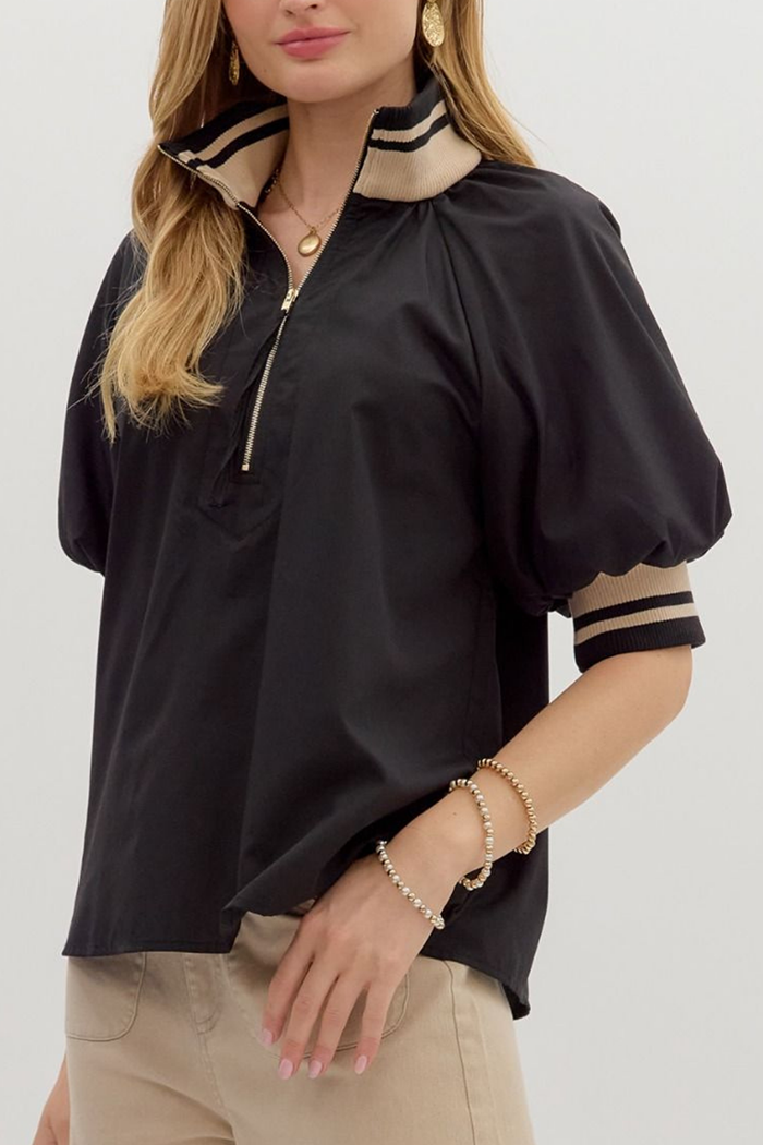 Puff Sleeve  Stripe Collar Top