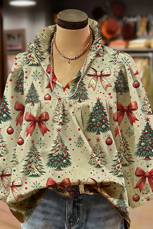 Christmas Print Ruffled V-Neck Puff-Sleeve Blouse