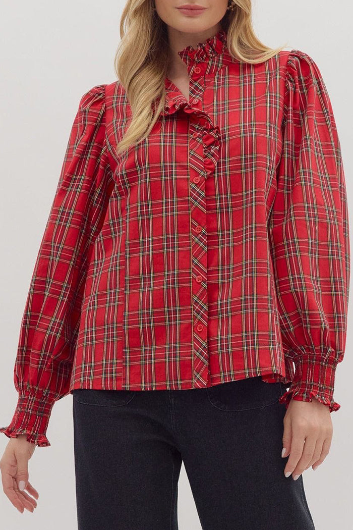 Ruffled Plaid Button-Front Top