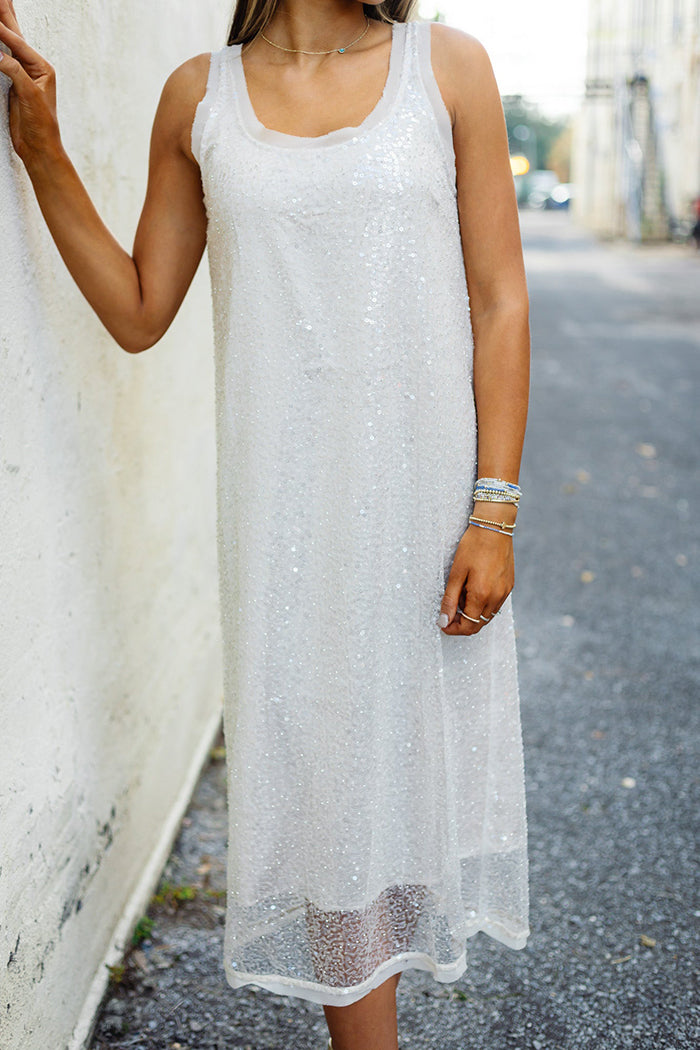 Cream Sequin Sleeveless Midi Dress