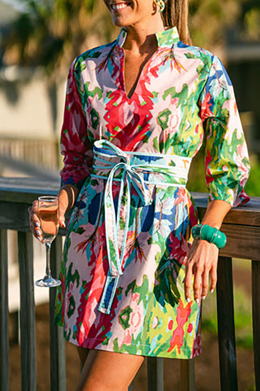 Tie Waist Watercolor Floral Dress