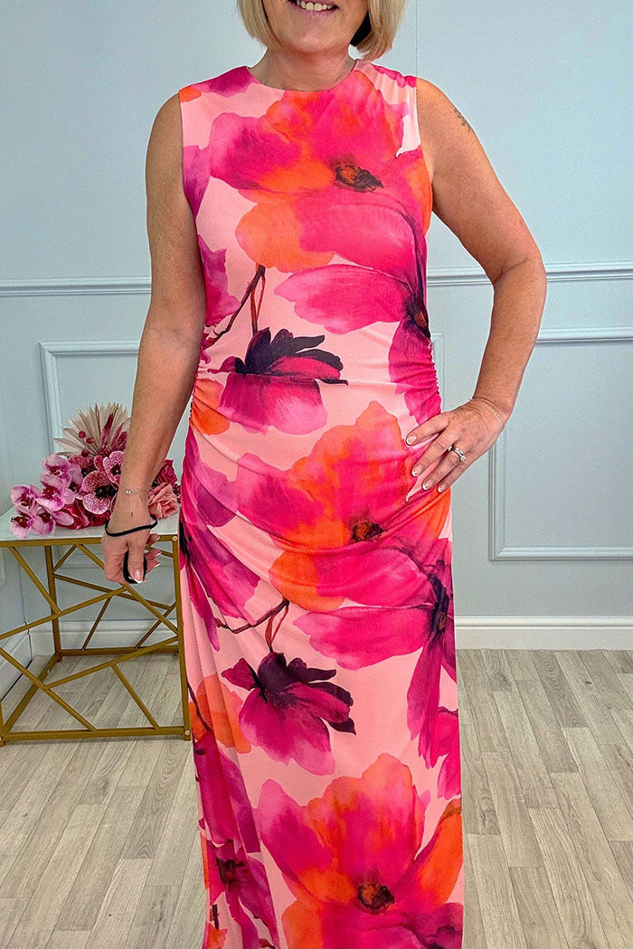 Floral Side Ruching Sleeveless Dress