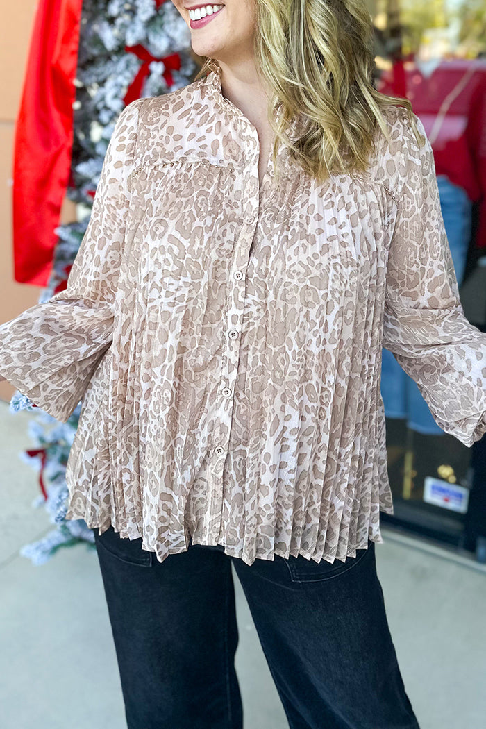 Leopard Print Ruffled Stand-Collar Blouse