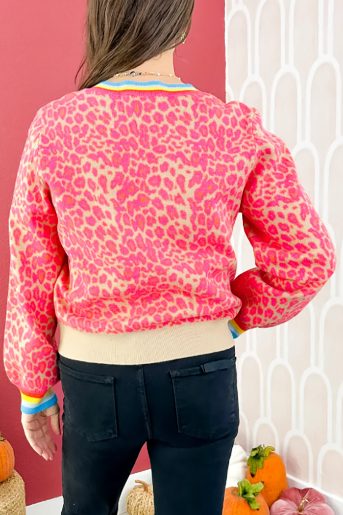 Hot Pink Leopard Button Sweater