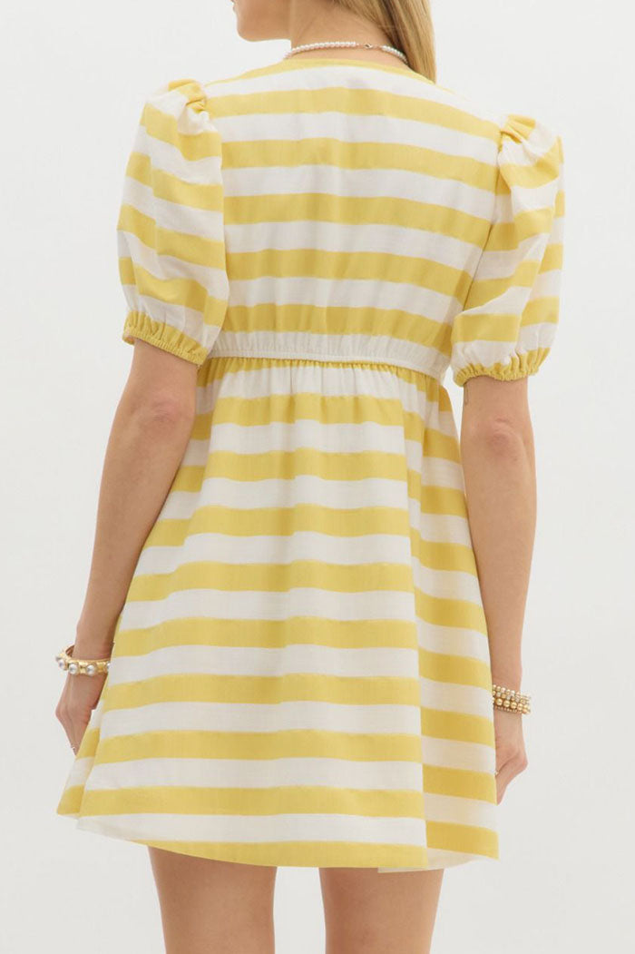 Striped Puff Sleeve Pocket Dress