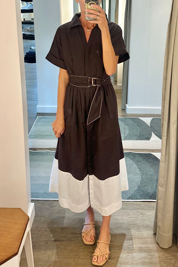 Patchwork Block Waist Belt Pocket Dress