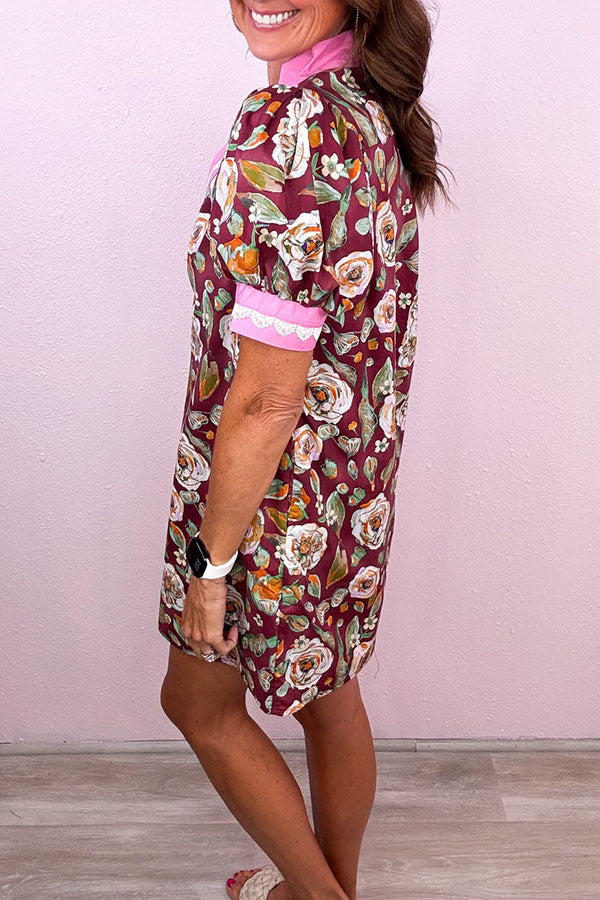 Contrast Scallop Banding Puff Sleeve Dress