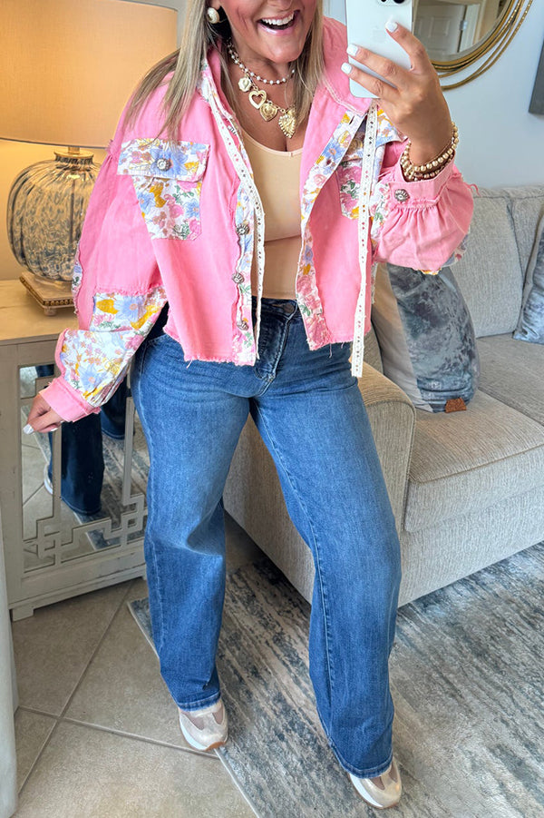 Casual Floral Patchwork Pocket Top