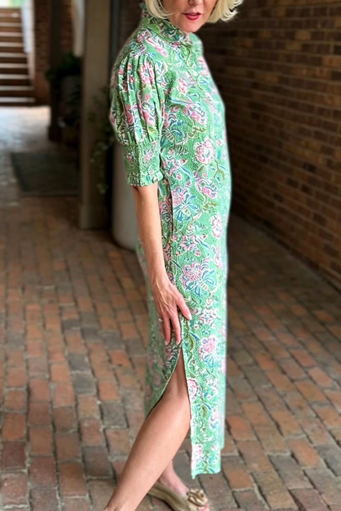 Floral Pocketed Side Slit Puff Sleeve Dress