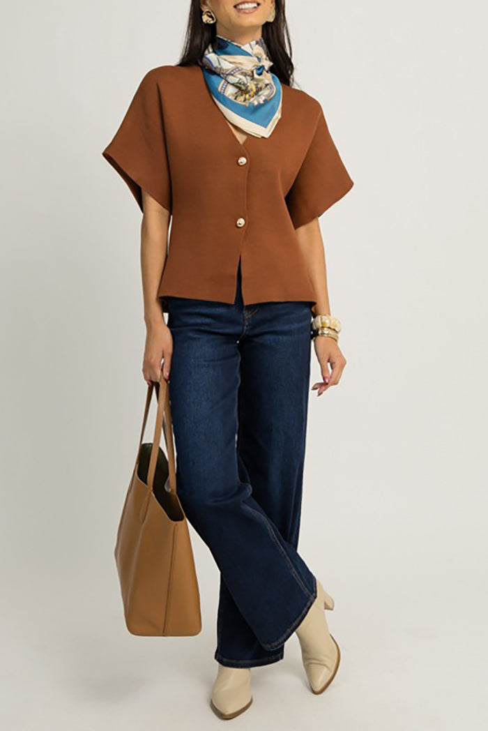 Brown V-Neck Buttoned Cardigan
